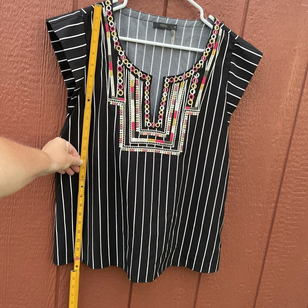 THML top Medium Black White Striped With Green Tan Pink And Yellow Embroidery - Picture 14 of 16